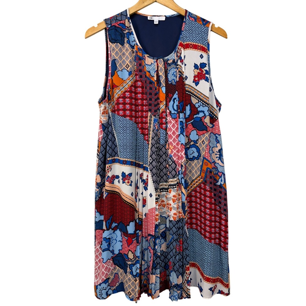 DR2 Womens Patchwork Shift Dress Large Pleated Flowy Boho Casual